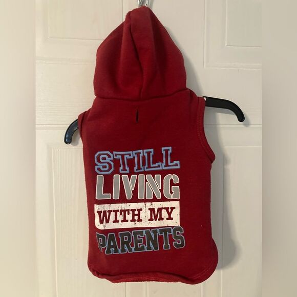 Dog Sweatshirt Hoodie Still Living With My Parents Red Small Dog Clothing - Picture 2 of 8